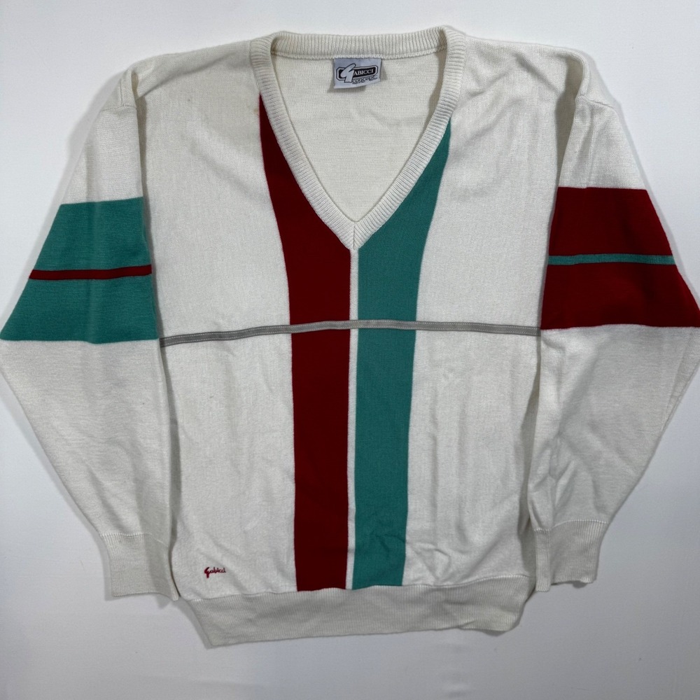 Vintage Gabbici Sweater Colorblock Cream Teal Red L Italy Yacht Golf Club Preppy
